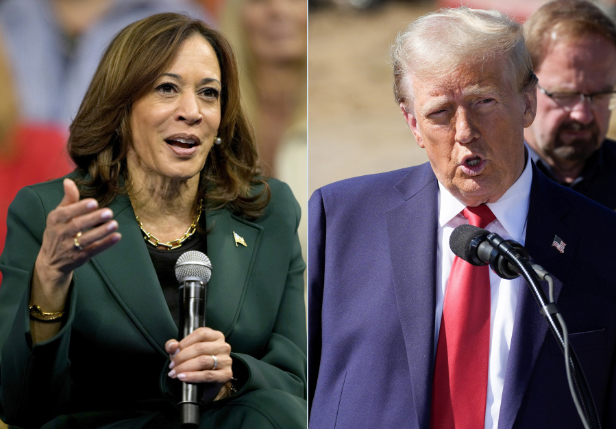 This combination of photos taken Monday, Oct. 21, 2024, shows Democratic presidential nominee Vice President Kamala Harris speaking during a town hall in Malvern, Pa., left, and Republican presidential nominee former President Donald Trump delivering remarks on Hurricane Helene in Swannanoa, N.C..