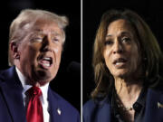 This combination of file photos shows Republican presidential nominee former President Donald Trump, left, speaking at a campaign rally, Oct. 18, 2024, in Detroit, and Democratic presidential nominee Vice President Kamala Harris, right, speaking at a campaign rally in Green Bay, Wis., Oct. 17, 2024.