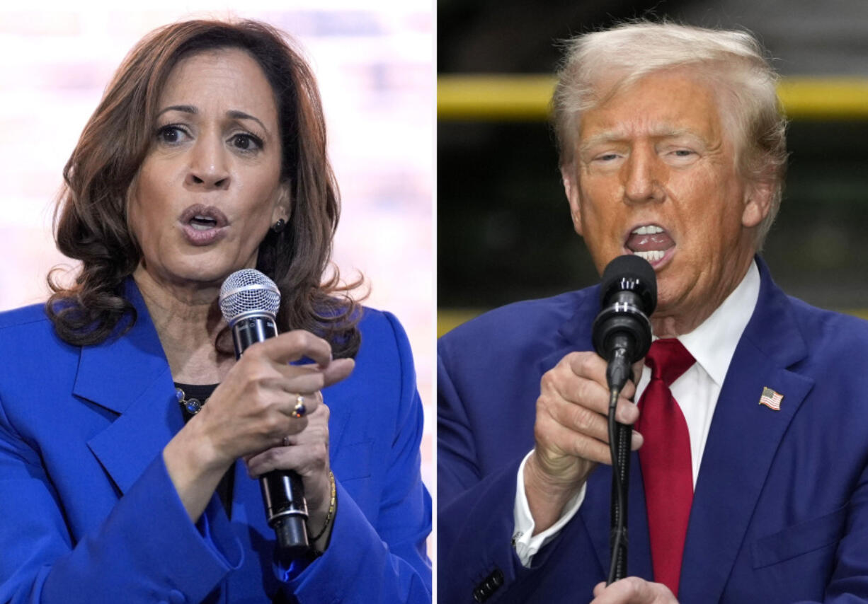 In this combination of photos taken in Pennsylvania, Democratic presidential nominee Vice President Kamala Harris speaks at a campaign event, Aug. 18, 2024, in Rochester, left, and Republican presidential nominee former President Donald Trump speaks during a campaign event, Aug. 19, 2024, in York.