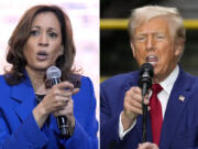 In this combination of photos taken in Pennsylvania, Democratic presidential nominee Vice President Kamala Harris speaks at a campaign event, Aug. 18, 2024, in Rochester, left, and Republican presidential nominee former President Donald Trump speaks during a campaign event, Aug. 19, 2024, in York.