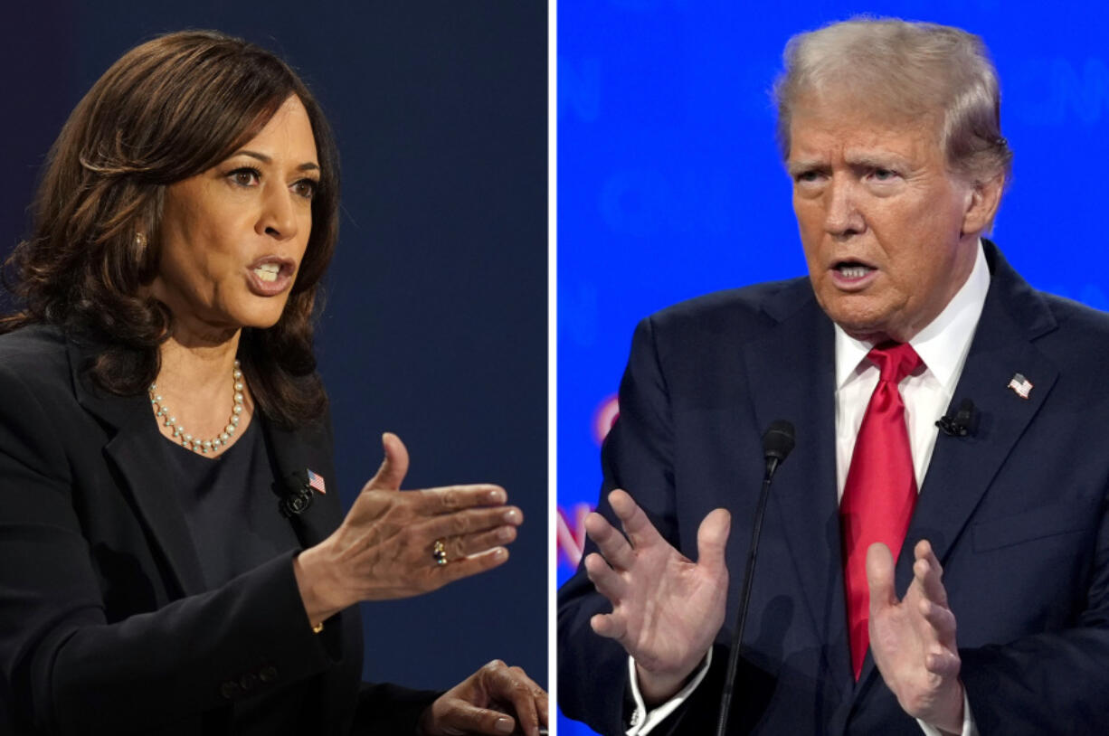 FILE - In this combination image, Democratic vice presidential candidate Sen. Kamala Harris, D-Calif., speaks during a debate, Oct. 7, 2020, in Salt Lake City, left, and Republican presidential candidate former President Donald Trump speaks during a debate, June 27, 2024, in Atlanta.