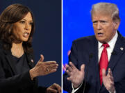 FILE - In this combination image, Democratic vice presidential candidate Sen. Kamala Harris, D-Calif., speaks during a debate, Oct. 7, 2020, in Salt Lake City, left, and Republican presidential candidate former President Donald Trump speaks during a debate, June 27, 2024, in Atlanta.