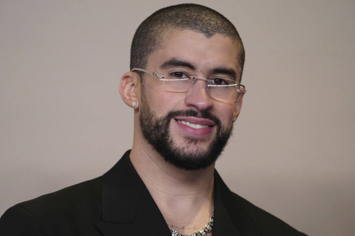 FILE - Bad Bunny poses in the press room at the Oscars on Sunday, March 10, 2024, at the Dolby Theatre in Los Angeles.