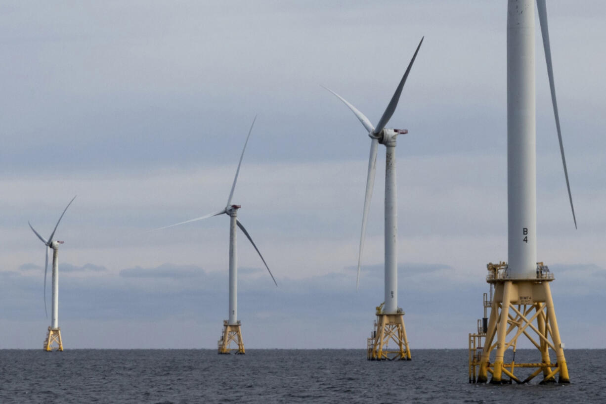 FILE - Turbines operate at the Block Island Wind Farm, Dec. 7, 2023, off the coast of Block Island, R.I.