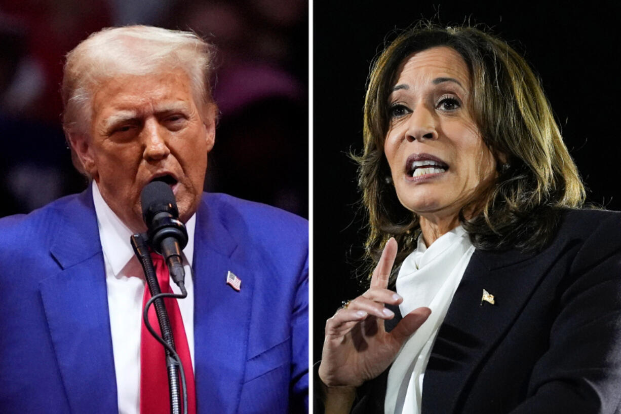 This combination of photos shows Republican presidential candidate former President Donald Trump, left, speaking at a campaign rally at Madison Square Garden, Oct. 27, 2024, in New York, and Democratic presidential nominee Vice President Kamala Harris, right, speaking at a campaign event at the Ellipse near the White House in Washington, Oct. 29, 2024.