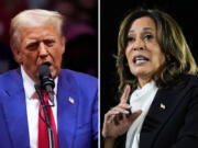 This combination of photos shows Republican presidential candidate former President Donald Trump, left, speaking at a campaign rally at Madison Square Garden, Oct. 27, 2024, in New York, and Democratic presidential nominee Vice President Kamala Harris, right, speaking at a campaign event at the Ellipse near the White House in Washington, Oct. 29, 2024.