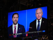 AS seen on a monitor in the studio, Republican vice presidential nominee Sen. JD Vance, R-Ohio, speaks during a vice presidential debate hosted by CBS News, with Democratic vice presidential candidate Minnesota Gov. Tim Walz, Tuesday, Oct. 1, 2024, in New York.