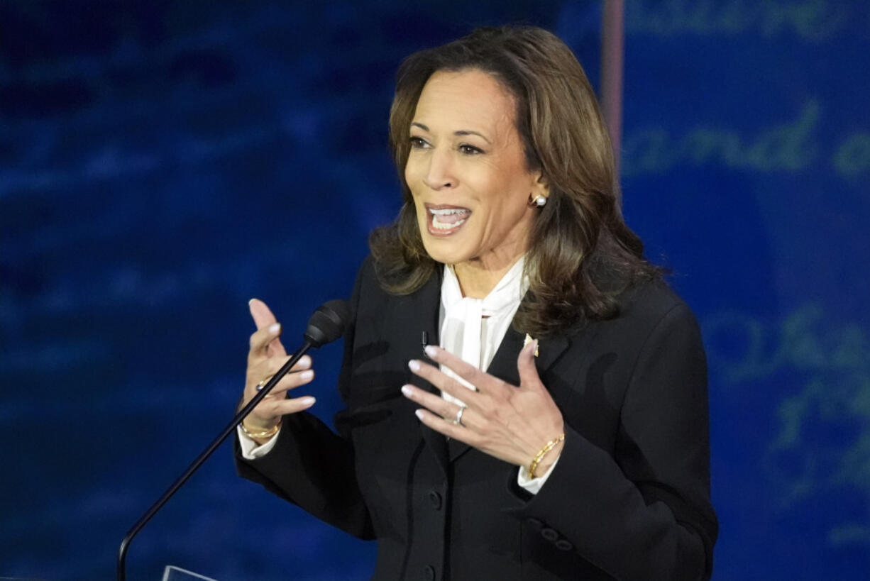 FILE - Democratic presidential nominee Vice President Kamala Harris speaks during a presidential debate with Republican presidential nominee former President Donald Trump at the National Constitution Center, Tuesday, Sept.10, 2024, in Philadelphia.