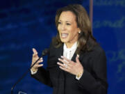 FILE - Democratic presidential nominee Vice President Kamala Harris speaks during a presidential debate with Republican presidential nominee former President Donald Trump at the National Constitution Center, Tuesday, Sept.10, 2024, in Philadelphia.