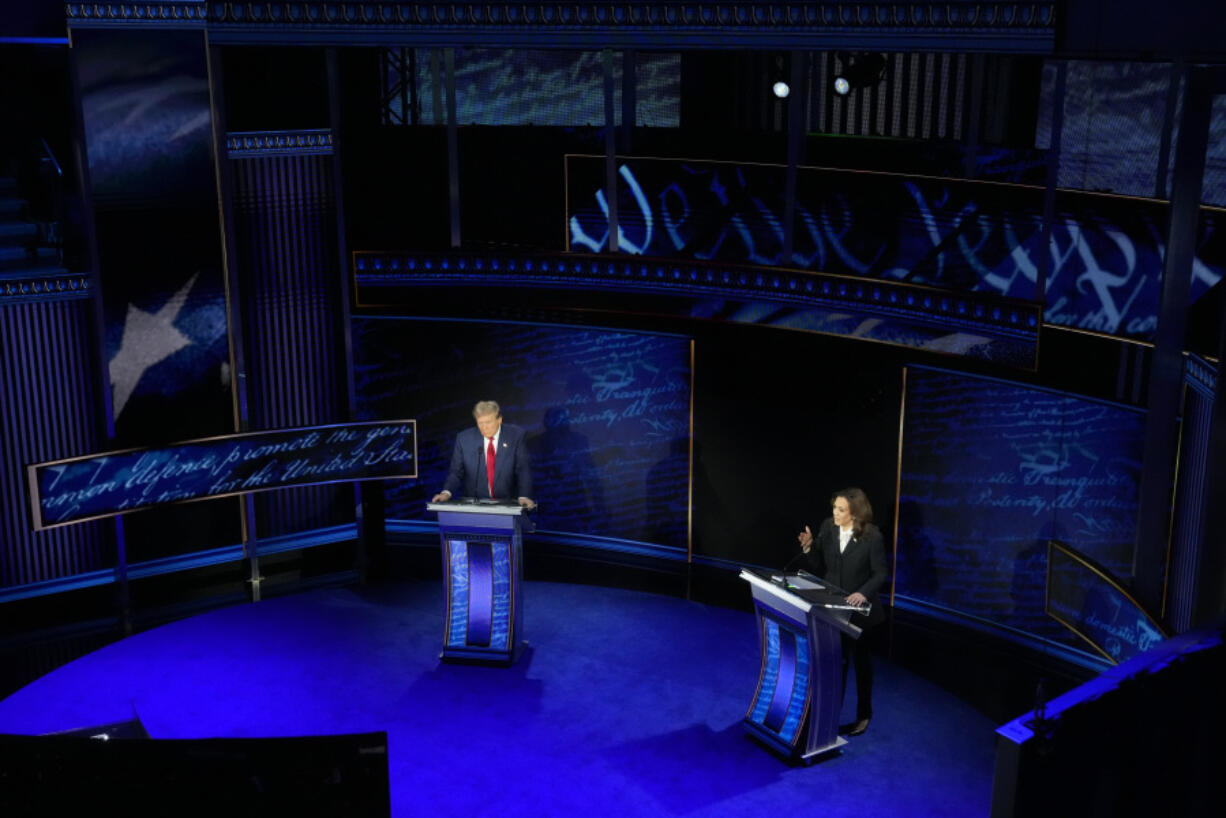 FILE - Republican presidential nominee former President Donald Trump and Democratic presidential nominee Vice President Kamala Harris participate during an ABC News presidential debate at the National Constitution Center, Tuesday, Sept.10, 2024, in Philadelphia.