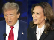 FILE - This combination of photos shows Republican presidential nominee former President Donald Trump, left, and Democratic presidential nominee Vice President Kamala Harris during an ABC News presidential debate at the National Constitution Center, Tuesday, Sept. 10, 2024, in Philadelphia.