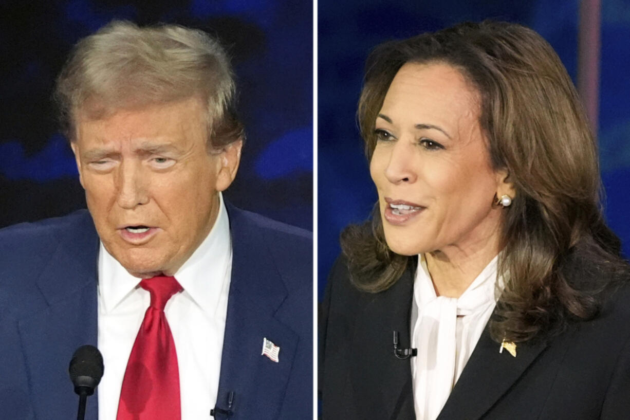 FILE - This combination of photos shows Republican presidential nominee former President Donald Trump, left, and Democratic presidential nominee Vice President Kamala Harris during an ABC News presidential debate at the National Constitution Center, Tuesday, Sept. 10, 2024, in Philadelphia.