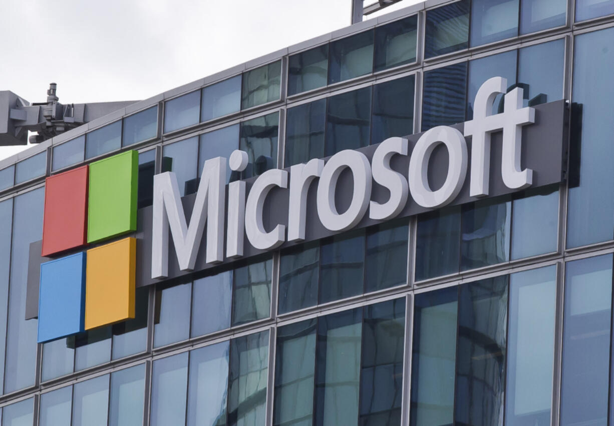 FILE - The Microsoft logo in Issy-les-Moulineaux, outside Paris, France, April 12, 2016. The company said Wednesday that Russian operatives are doubling down on fake videos to smear Vice President Kamala Harris&rsquo; campaign, while Chinese-linked social media campaigns are maligning down-ballot candidates who are critical of China. Meanwhile, Iranian actors who allegedly sent emails aimed at intimidating U.S. voters in 2020 have been surveying election-related websites and major media outlets, the tech giant said.