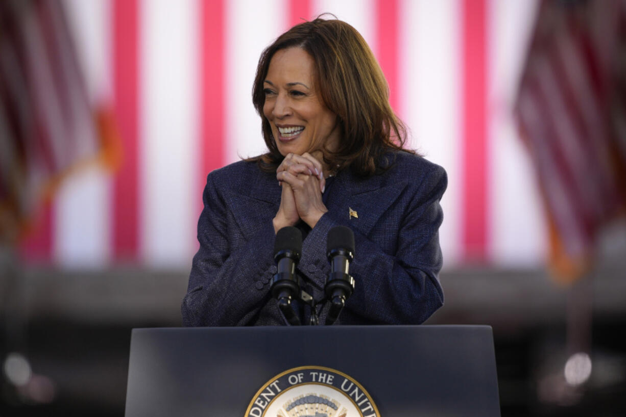 Democratic presidential nominee Vice President Kamala Harris speaks during a campaign event at Washington Crossing Historic Park, Wednesday in Washington Crossing, Pa.