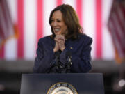 Democratic presidential nominee Vice President Kamala Harris speaks during a campaign event at Washington Crossing Historic Park, Wednesday in Washington Crossing, Pa.