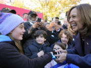 Democratic presidential nominee Vice President Kamala Harris greets people at a campaign event at Washington Crossing Historic Park, Wednesday, Oct. 16, 2024, in Washington Crossing, Pa.