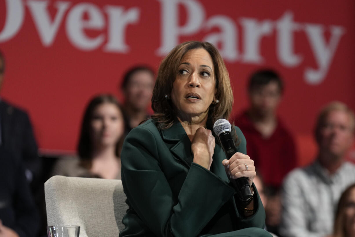 Democratic presidential nominee Vice President Kamala Harris speaks during a town hall at Sharon Lynne Wilson Center for the Arts in Brookfield, Wisc., Monday, Oct. 21, 2024.