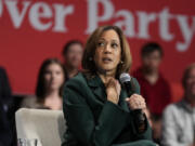 Democratic presidential nominee Vice President Kamala Harris speaks during a town hall at Sharon Lynne Wilson Center for the Arts in Brookfield, Wisc., Monday, Oct. 21, 2024.