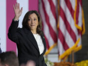 Democratic presidential nominee Vice President Kamala Harris waves as she departs after speaking at a campaign rally at Ripon College, Thursday, Oct. 3, 2024, in Ripon, Wis.