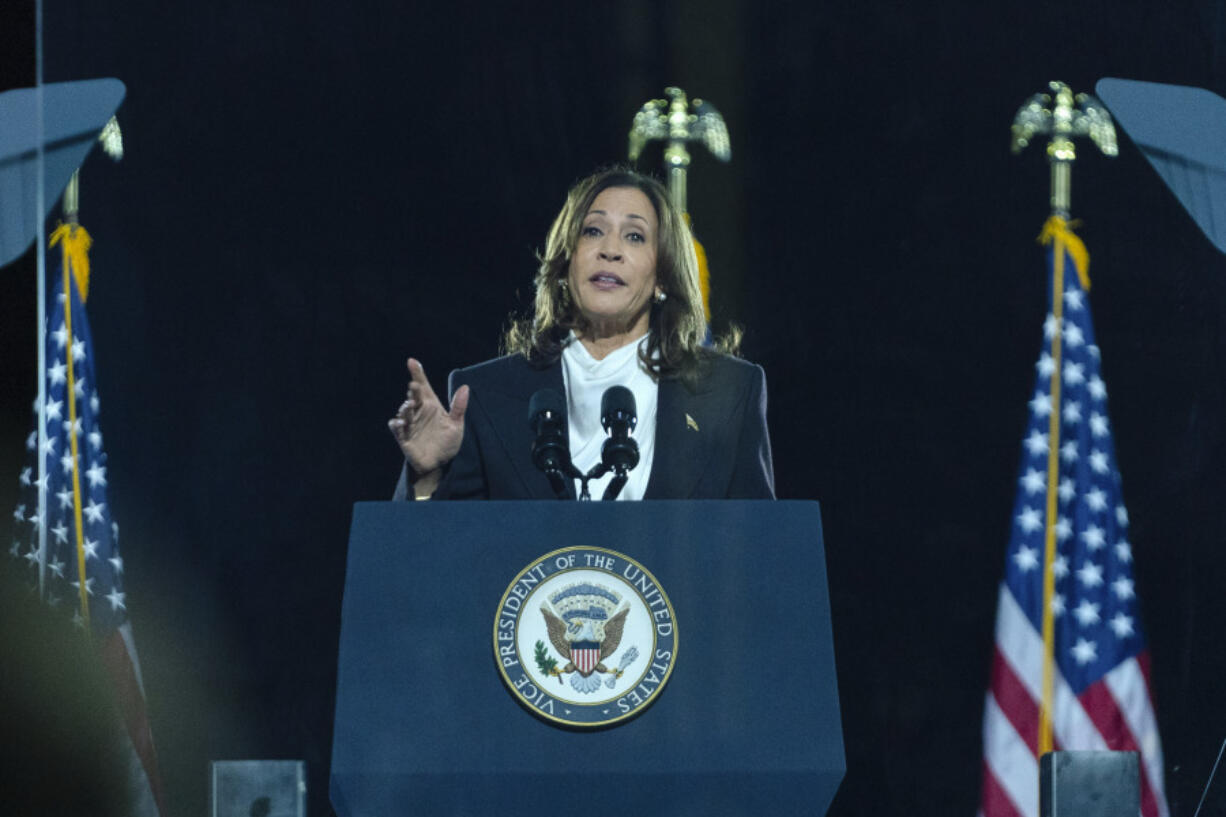 Democratic presidential nominee Vice President Kamala Harris speaks during a campaign rally in Washington, Tuesday, Oct. 29, 2024.