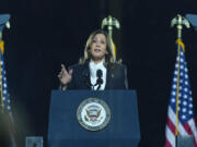 Democratic presidential nominee Vice President Kamala Harris speaks during a campaign rally in Washington, Tuesday, Oct. 29, 2024.