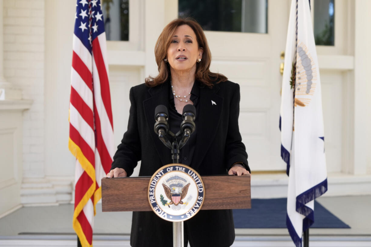 Democratic presidential nominee Vice President Kamala Harris speaks at the vice president&rsquo;s residence in Washington, Wednesday, Oct. 23, 2024.