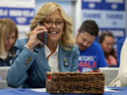 First Lady Jill Biden makes calls to Harris-Walz voters during a visit at a Pennsylvania State Education Association (PSEA) phone bank in West Chester Tuesday. Oct. 15, 2024.