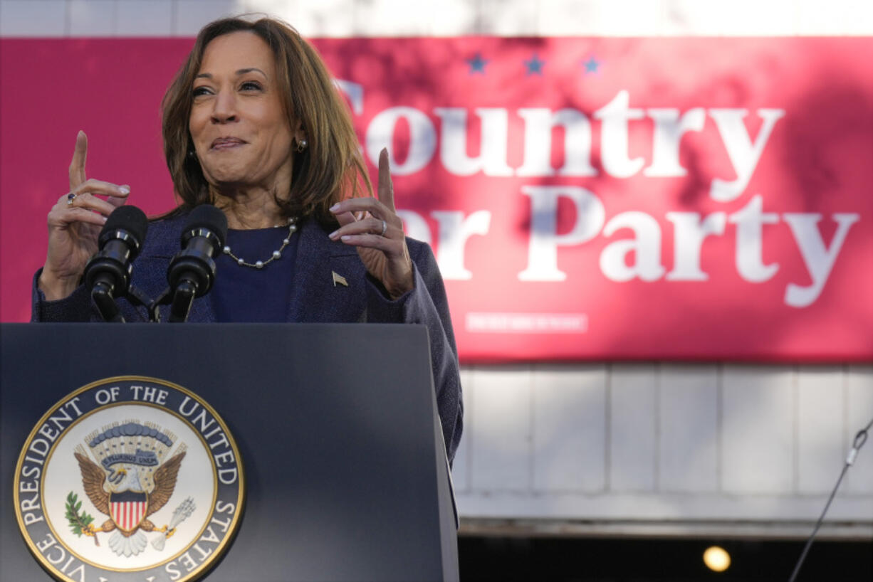 Democratic presidential nominee Vice President Kamala Harris speaks during a campaign event at Washington Crossing Historic Park, Wednesday, Oct. 16, 2024, in Washington Crossing, Pa.