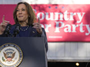 Democratic presidential nominee Vice President Kamala Harris speaks during a campaign event at Washington Crossing Historic Park, Wednesday, Oct. 16, 2024, in Washington Crossing, Pa.