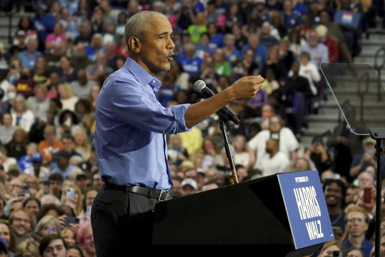 Former President Barack Obama speaks during a campaign rally supporting Democratic presidential nominee Vice President Kamala Harris, Thursday, Oct. 10, 2024, at the University of Pittsburgh&rsquo;s Fitzgerald Field House in Pittsburgh.