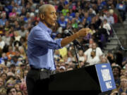 Former President Barack Obama speaks during a campaign rally supporting Democratic presidential nominee Vice President Kamala Harris, Thursday, Oct. 10, 2024, at the University of Pittsburgh&rsquo;s Fitzgerald Field House in Pittsburgh.