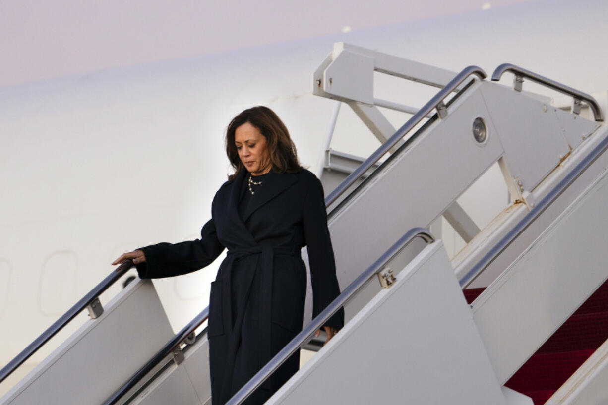 Democratic presidential nominee Vice President Kamala Harris arrives on Air Force Two at Joint Base Andrews, Md., Sunday, Oct. 27, 2024.