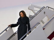 Democratic presidential nominee Vice President Kamala Harris arrives on Air Force Two at Joint Base Andrews, Md., Sunday, Oct. 27, 2024.