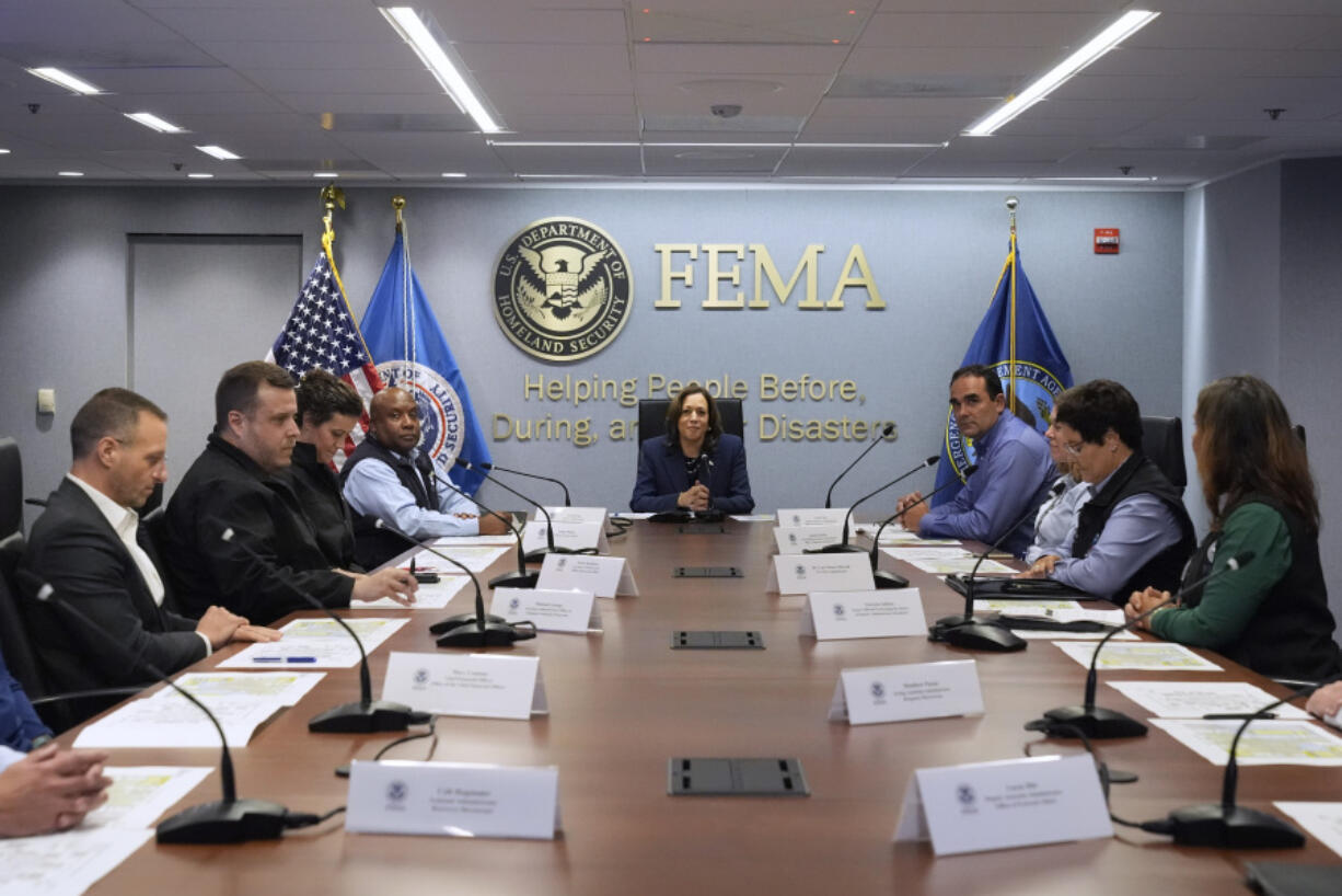 Democratic presidential nominee Vice President Kamala Harris attends a briefing at FEMA headquarters, Monday, Sept. 30, 2024, in Washington, on recovery and assistance efforts after Hurricane Helene.