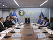 Democratic presidential nominee Vice President Kamala Harris attends a briefing at FEMA headquarters, Monday, Sept. 30, 2024, in Washington, on recovery and assistance efforts after Hurricane Helene.