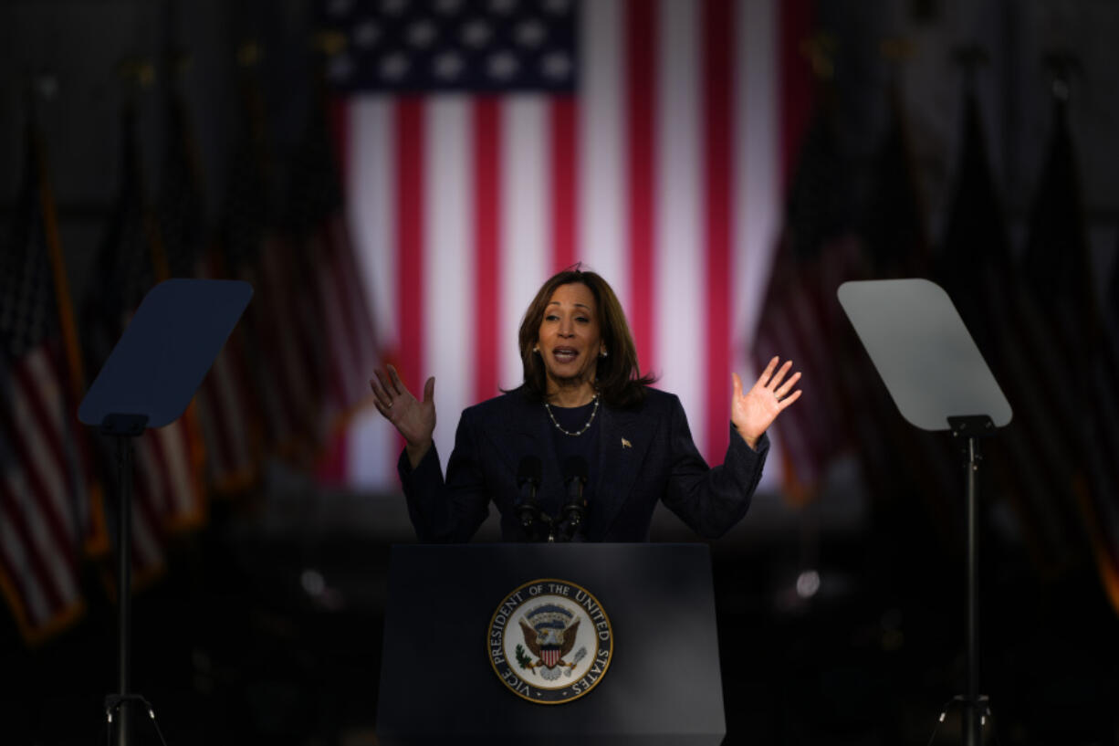 Democratic presidential nominee Vice President Kamala Harris speaks during a campaign event at Washington Crossing Historic Park, Wednesday, Oct. 16, 2024, in Washington Crossing, Pa.