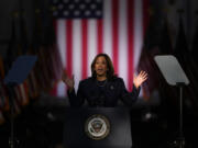 Democratic presidential nominee Vice President Kamala Harris speaks during a campaign event at Washington Crossing Historic Park, Wednesday, Oct. 16, 2024, in Washington Crossing, Pa.