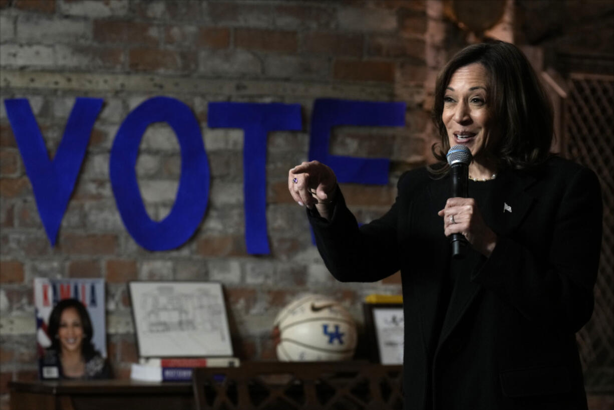 Democratic presidential nominee Vice President Kamala Harris speaks during a stop at Cred Cafe, a local Detroit small business owned by former NBA players Joe and Jamal Crawford, in Detroit, Tuesday, Oct. 15, 2024.