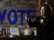 Democratic presidential nominee Vice President Kamala Harris speaks during a stop at Cred Cafe, a local Detroit small business owned by former NBA players Joe and Jamal Crawford, in Detroit, Tuesday, Oct. 15, 2024.