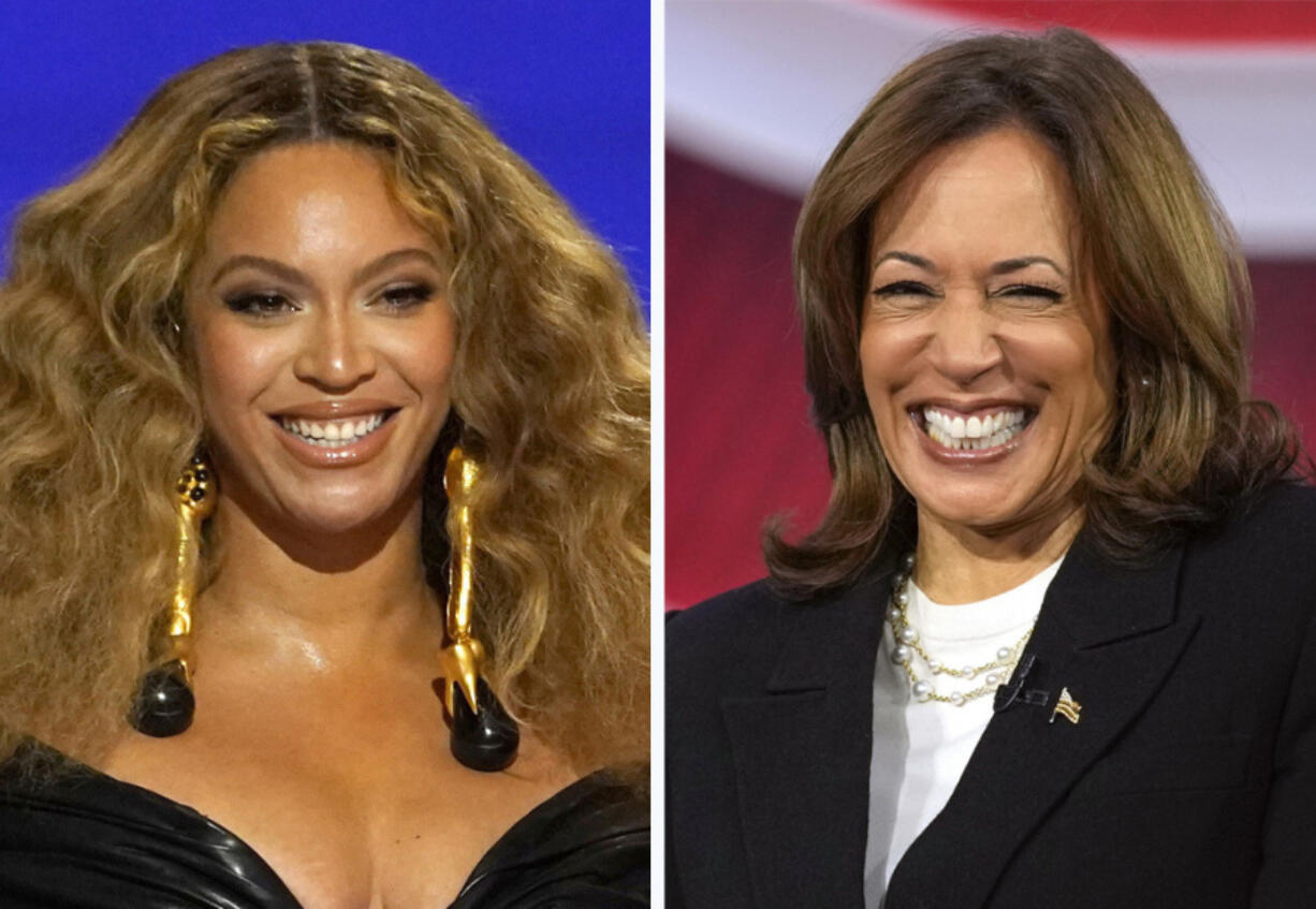 This combination photos shows Beyonce at the Grammy Awards in Los Angeles, March 14, 2021, left, and Democratic presidential nominee Vice President Kamala Harris at a CNN town hall in Aston, Pa., Oct. 23, 2024.