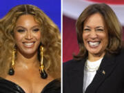 This combination photos shows Beyonce at the Grammy Awards in Los Angeles, March 14, 2021, left, and Democratic presidential nominee Vice President Kamala Harris at a CNN town hall in Aston, Pa., Oct. 23, 2024.