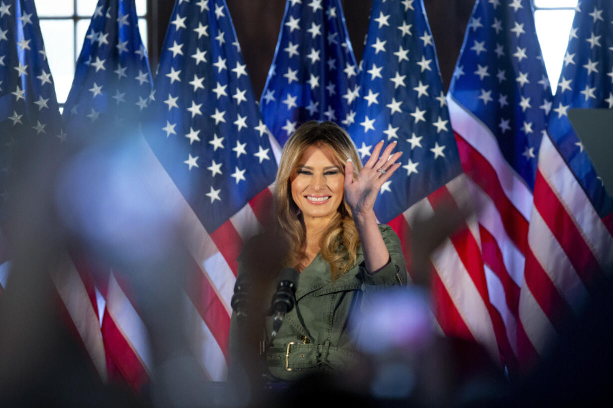 FILE - First lady Melania Trump speaks during a campaign rally in Atglen, Pa., Oct. 27, 2020.