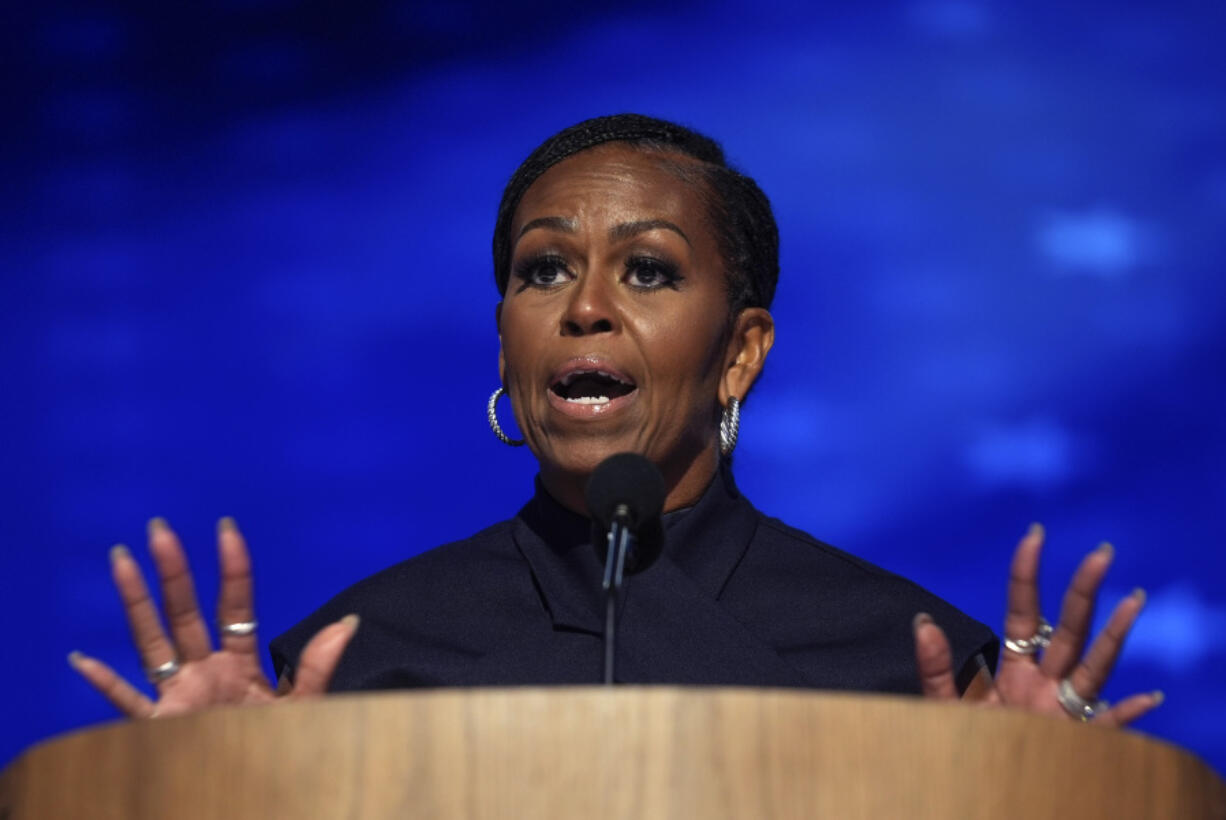 FILE - Former first lady Michelle Obama speaks during the Democratic National Convention Aug. 20, 2024, in Chicago.