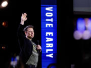 Elon Musk gestures as he speaks at Life Center Church in Harrisburg, Pa., Saturday, Oct. 19, 2024.