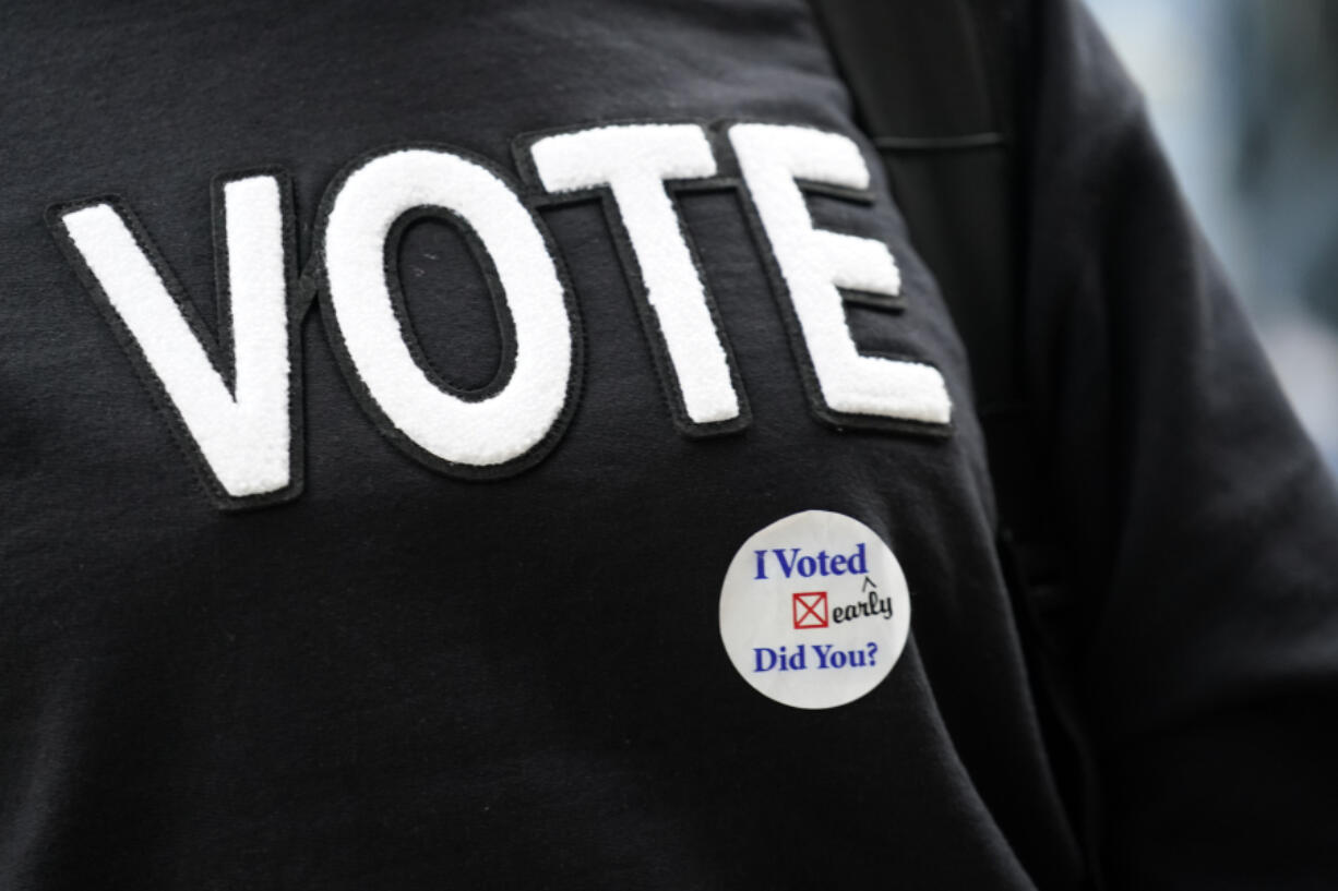 Tamera Drain wears an &ldquo;I Voted&rdquo; sticker on her sweatshirt during a get out the vote rally at North Carolina A&amp;T in Greensboro, N.C., Monday, Oct. 28, 2024.