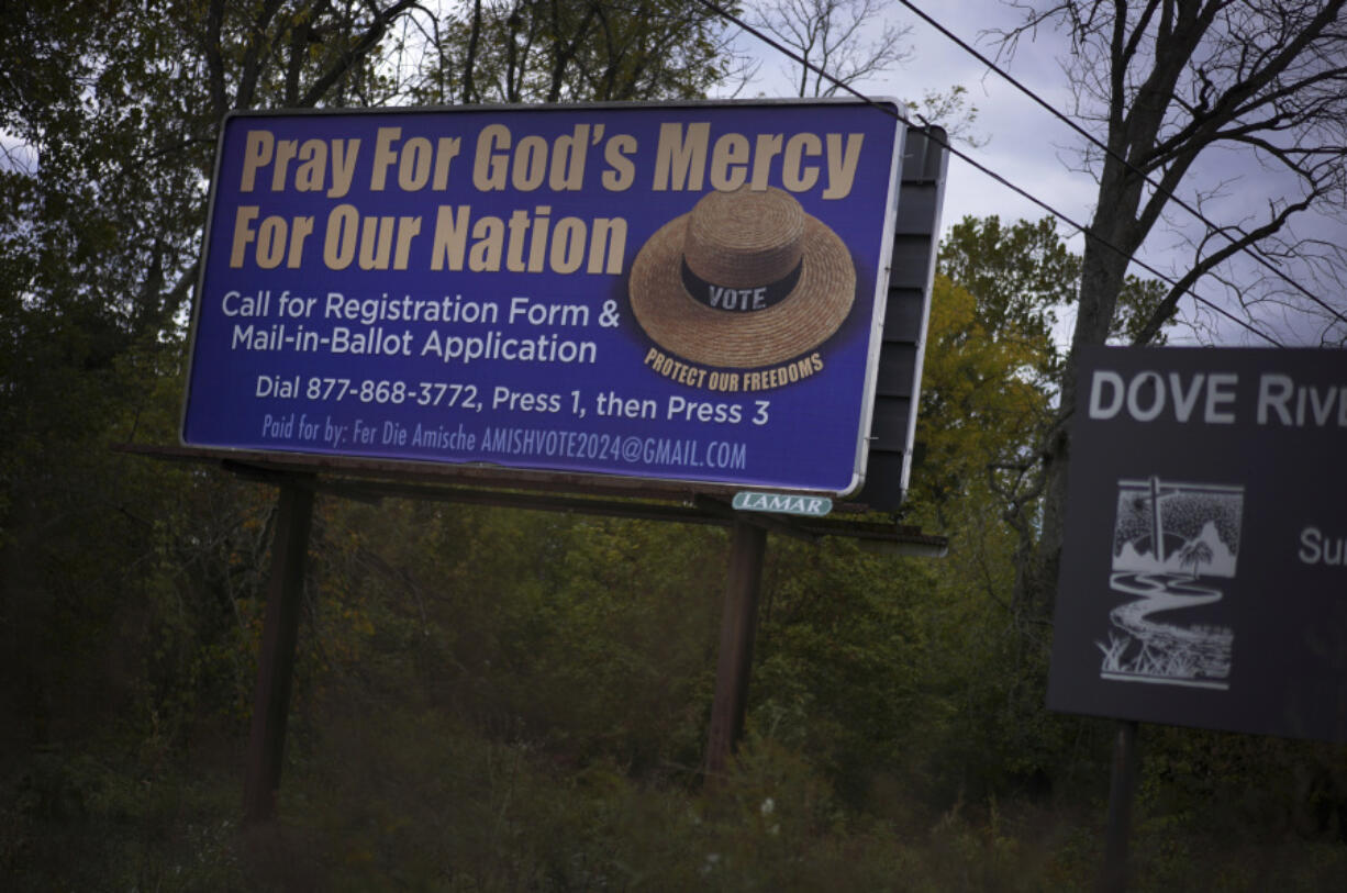 A voting advertisement geared toward the Amish population of Lancaster County is displayed on Tuesday, Oct. 15, 2024, in Strasburg, Pa.