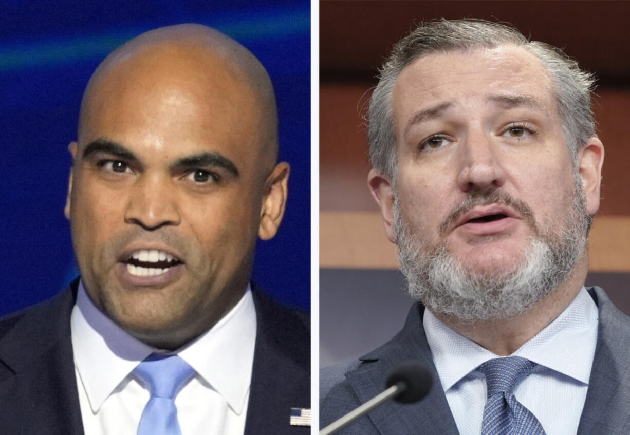 This combination photo shows Rep. Colin Allred, D-Texas, Aug. 22, 2024, in Chicago, left, and Sen. Ted Cruz, R-Texas, Sept. 27, 2023, on Capitol Hill in Washington.