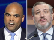 This combination photo shows Rep. Colin Allred, D-Texas, Aug. 22, 2024, in Chicago, left, and Sen. Ted Cruz, R-Texas, Sept. 27, 2023, on Capitol Hill in Washington.