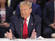 Republican presidential nominee former President Donald Trump participates in a roundtable with Latino leaders Tuesday, Oct. 22, 2024, in Doral, Fla.