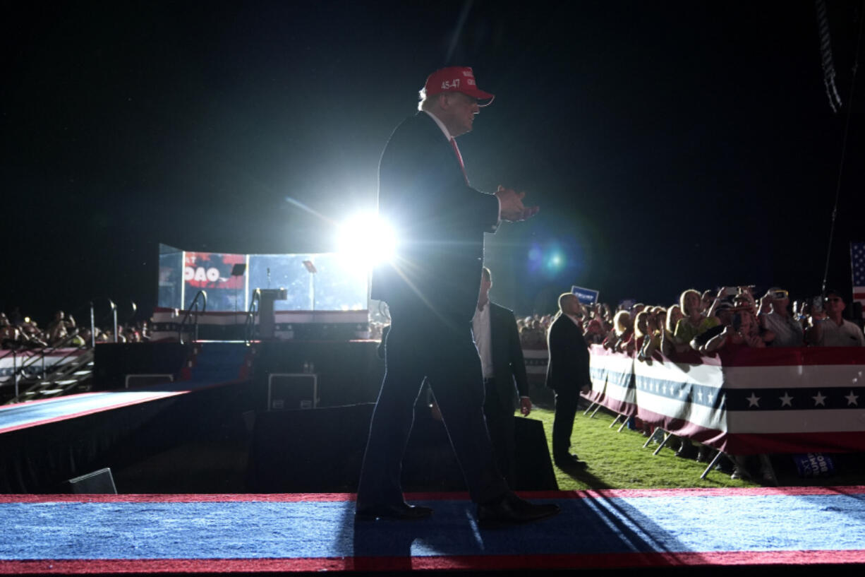 Republican presidential nominee former President Donald Trump departs after speaking at a campaign rally at the Calhoun Ranch, Saturday, Oct. 12, 2024, in Coachella, Calif.